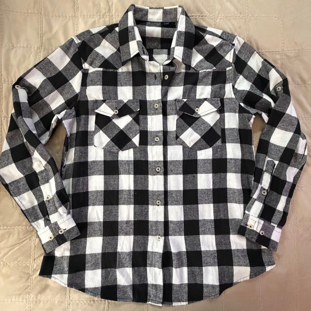 Black White Buffalo Plaid Western Button Down Shirt Size L